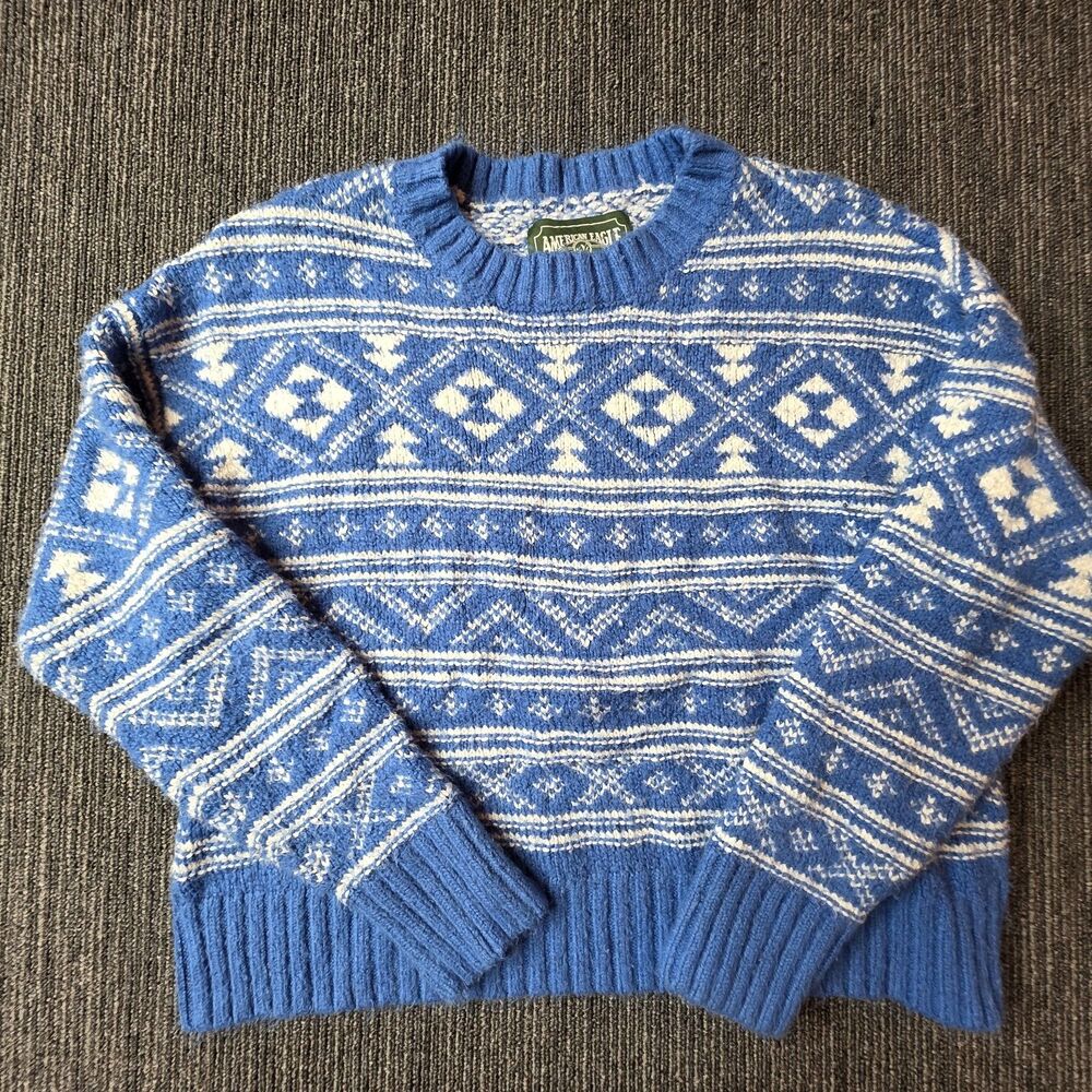 American Eagle Pullover Sweater Size Medium Blue Fair Isle Nordic Ski Winter